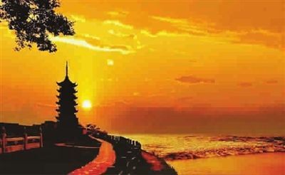 A scenic view of Jiaxing Qiantangjiang Haitang Haiyan Chihai Miaoduan He Hainingduan