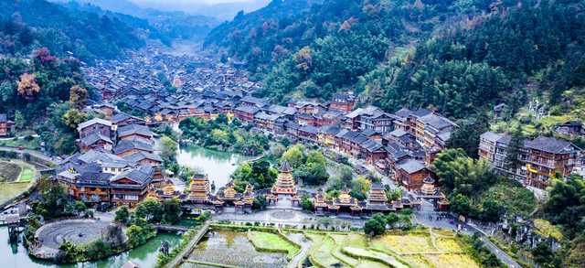 A scenic view of Qiandongnan Rongjiang Dalicun Gujianzhuqun